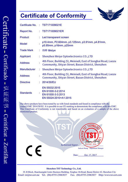 La CINA Shenzhen Weiye Optoelectronics Co., Ltd. Certificazioni